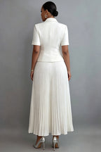Xpluswear Design Plus Size Formal Chiffon White Turndown Collar Short Sleeve Pleated Pocket Satin Two Piece Skirt Sets