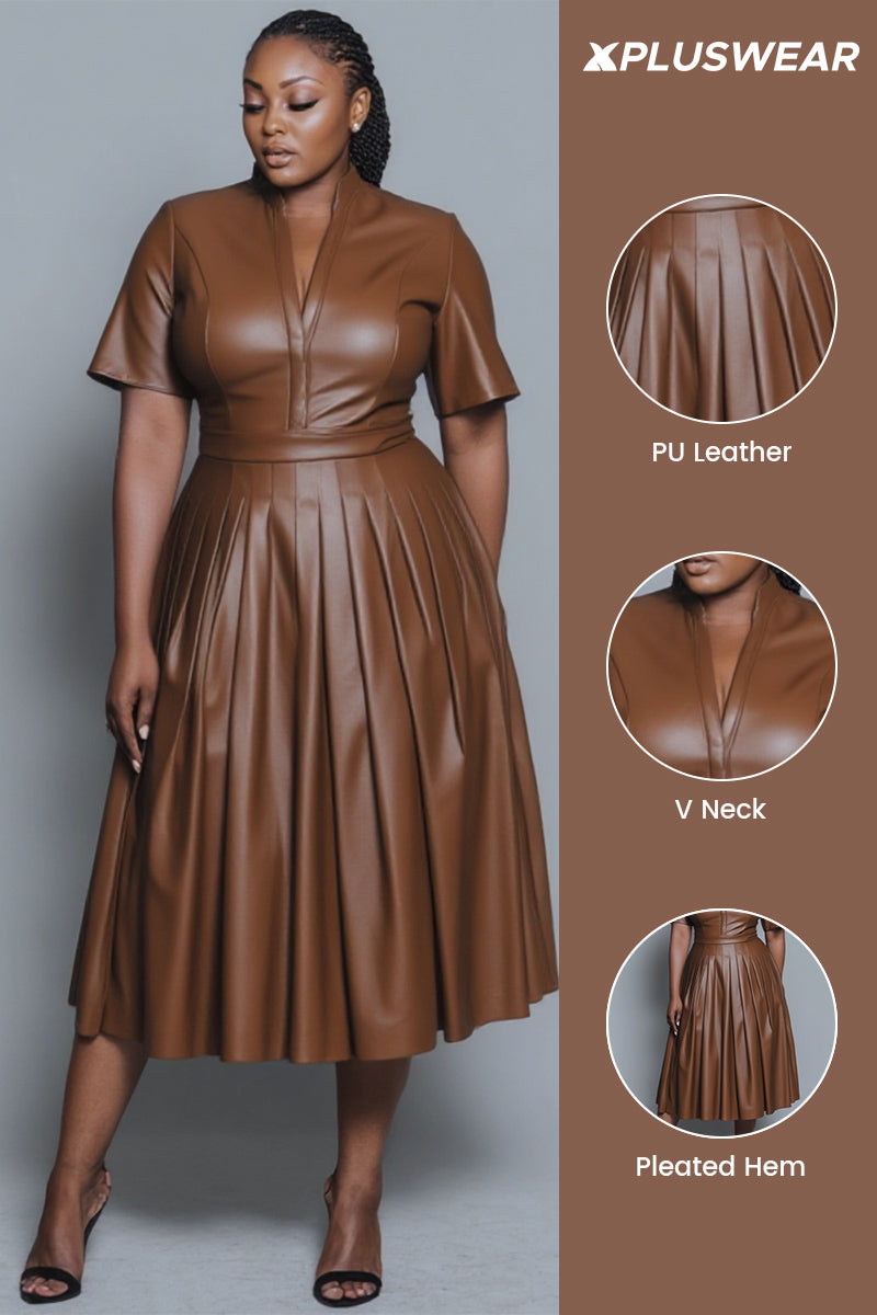Xpluswear Design Plus Size Business Casual Brown V Neck Short Sleeve Pleated Elegant PU Leather Midi Dresses