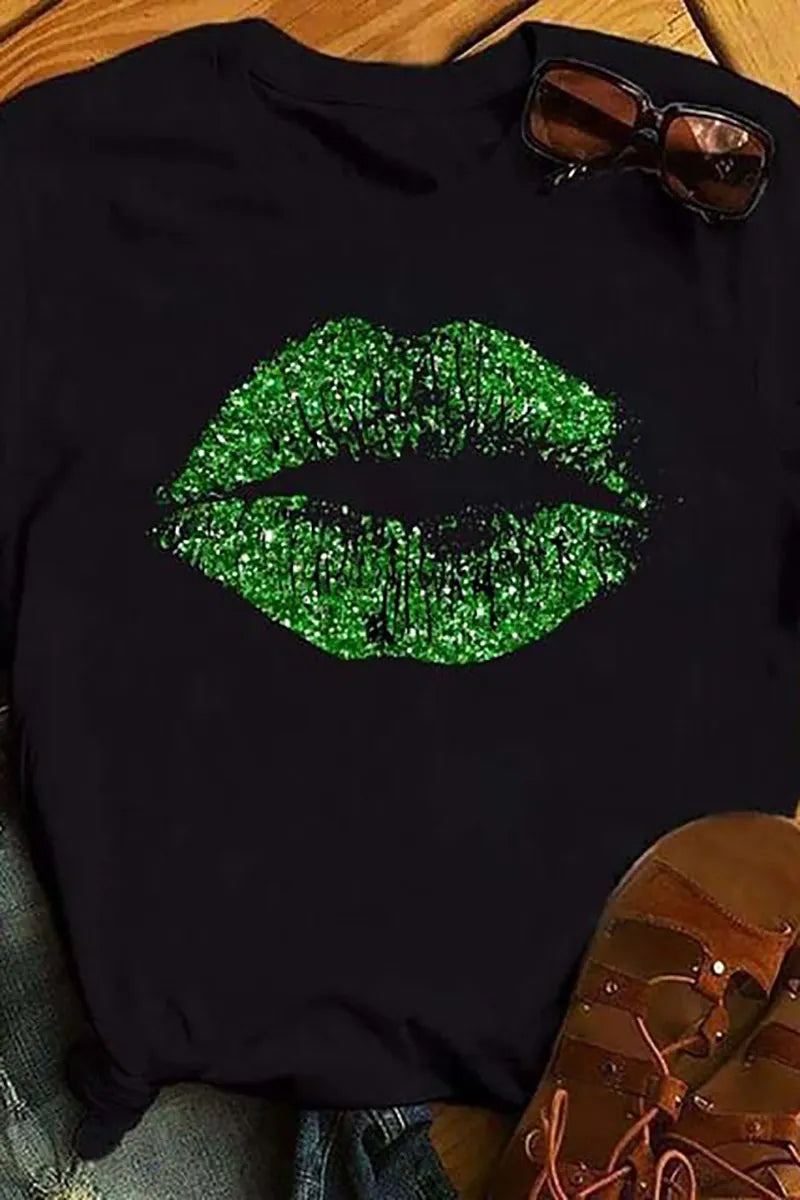 Plus Size Black Casual Lips Print Basic T-Shirts