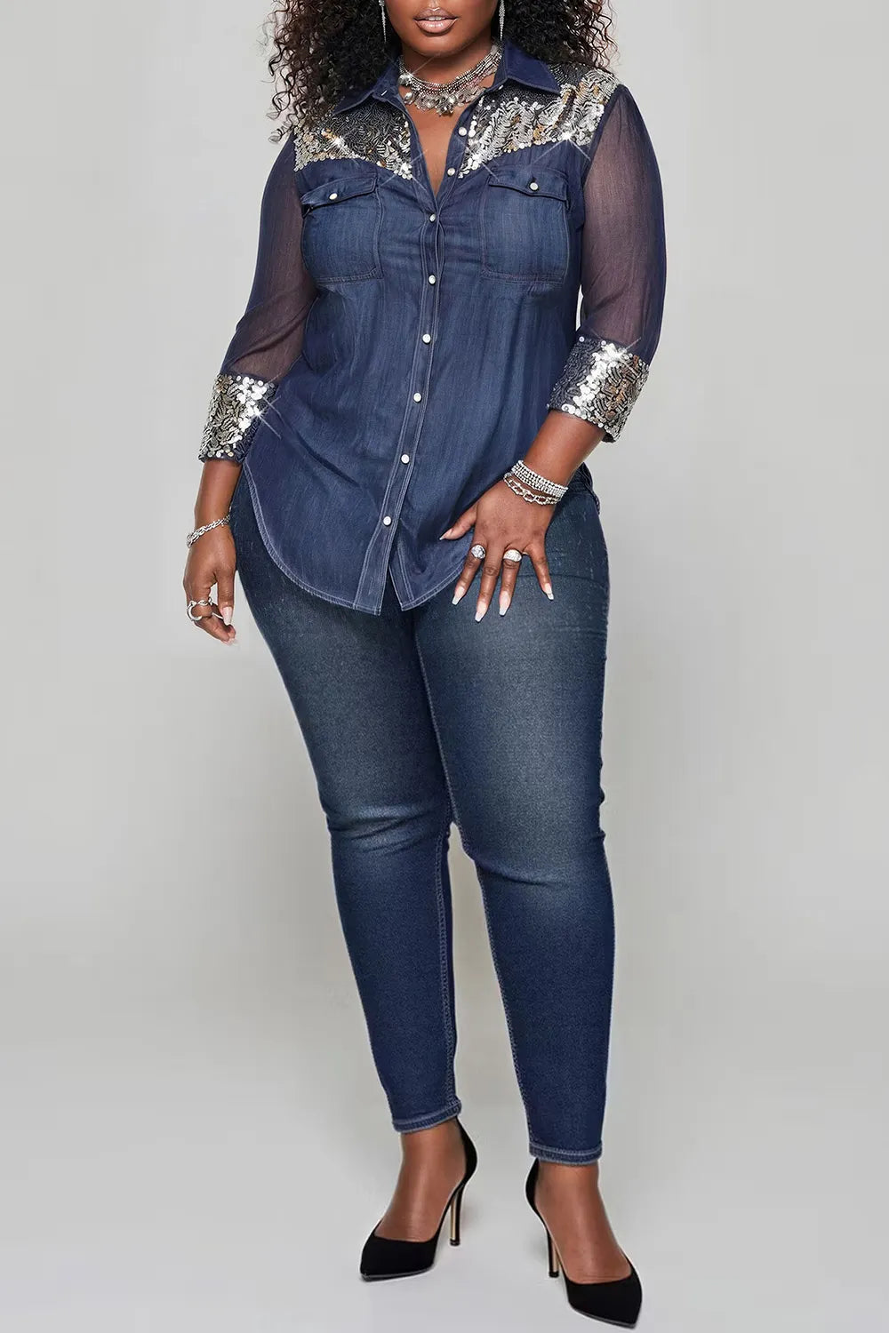 Xpluswear Design Plus Size Party Tulle Blue Shirt Collar 3/4 Sleeve See Through Tencel Denim Blouses