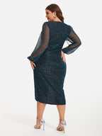 VIP Contrast Mesh Lantern Sleeve Wrap Sequin Midi Dress