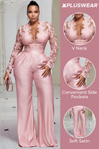 Xpluswear Design Plus Size Cocktail Party Pink V Neck Long Sleeve Pocket See Through Satin Jumpsuits