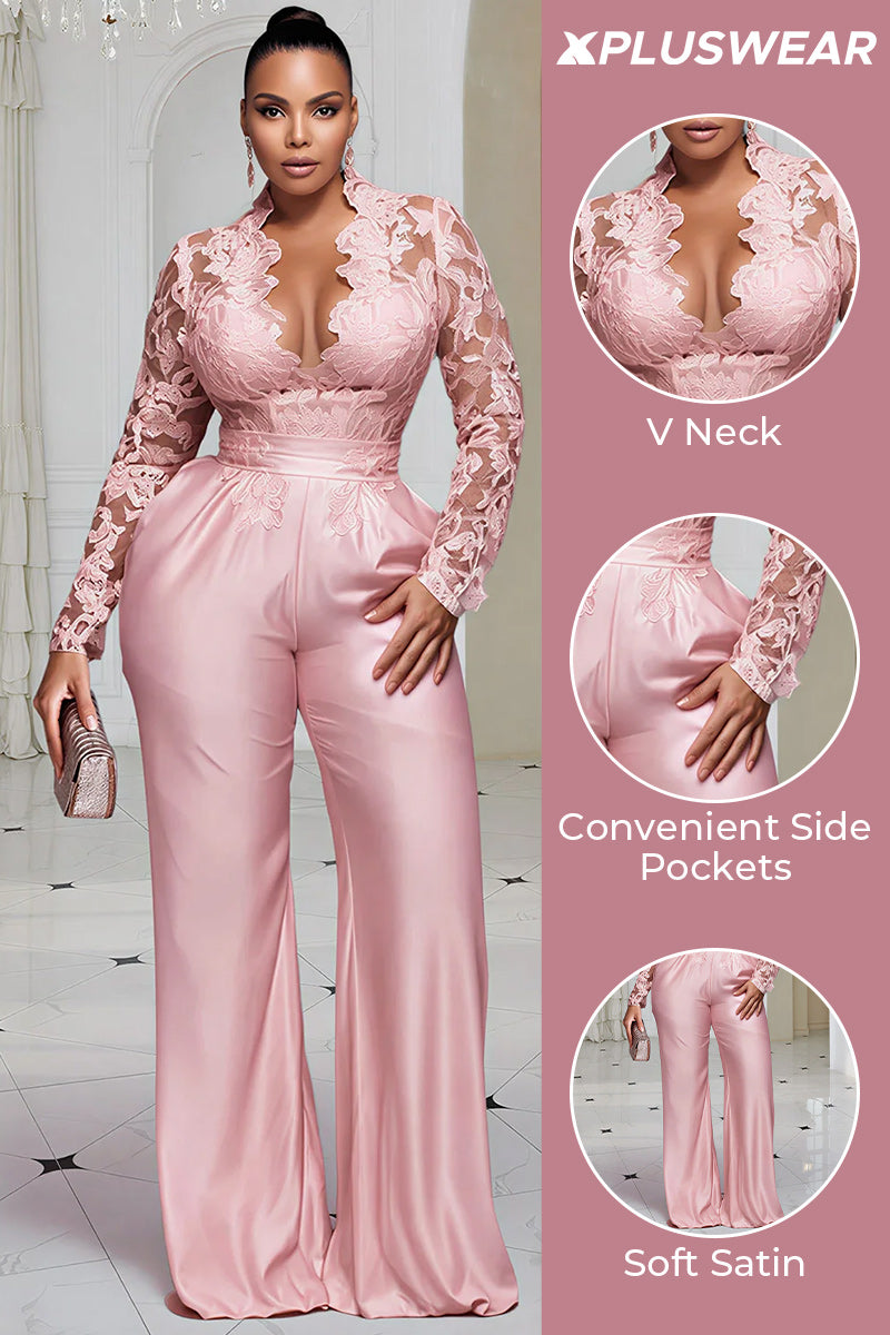 Xpluswear Design Plus Size Cocktail Party Pink V Neck Long Sleeve Pocket See Through Satin Jumpsuits