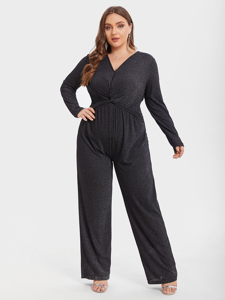 V-Neck Twist Front Glitter Jumpsuit