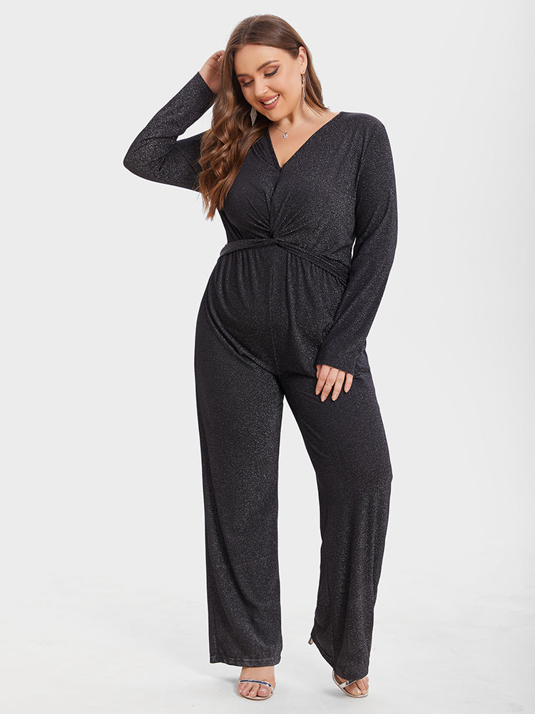 V-Neck Twist Front Glitter Jumpsuit
