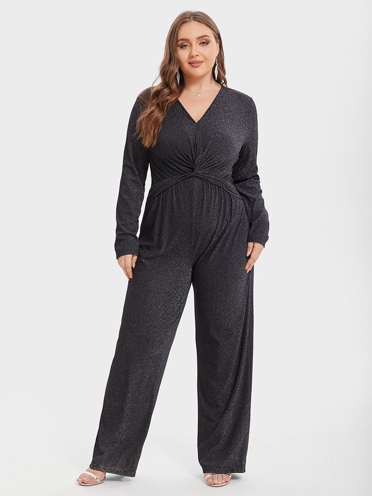 V-Neck Twist Front Glitter Jumpsuit