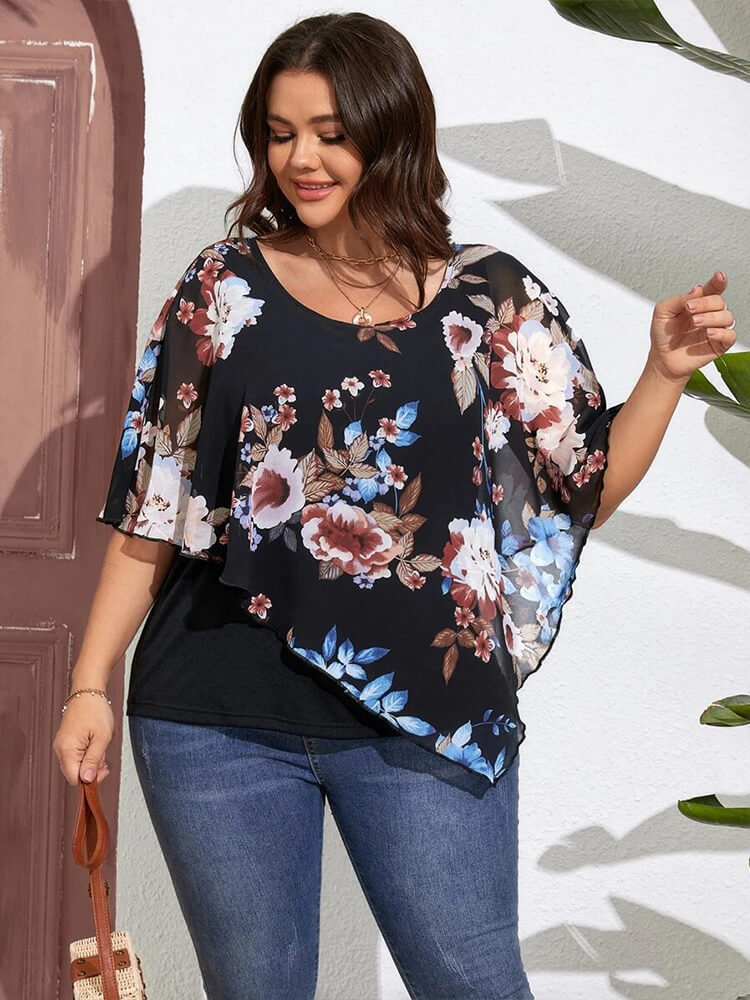 Plus Black Flolral Disty Batwing Sleeve Blouse