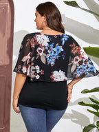 Plus Black Flolral Disty Batwing Sleeve Blouse