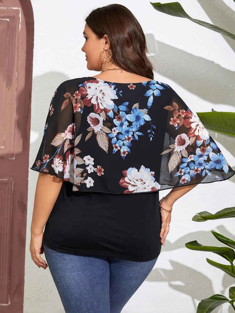 Plus Black Flolral Disty Batwing Sleeve Blouse