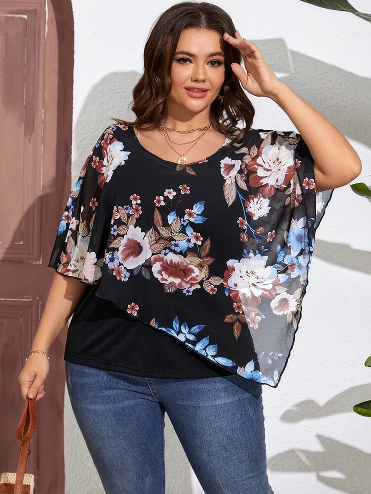 Plus Black Flolral Disty Batwing Sleeve Blouse