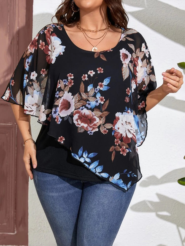 Plus Black Flolral Disty Batwing Sleeve Blouse