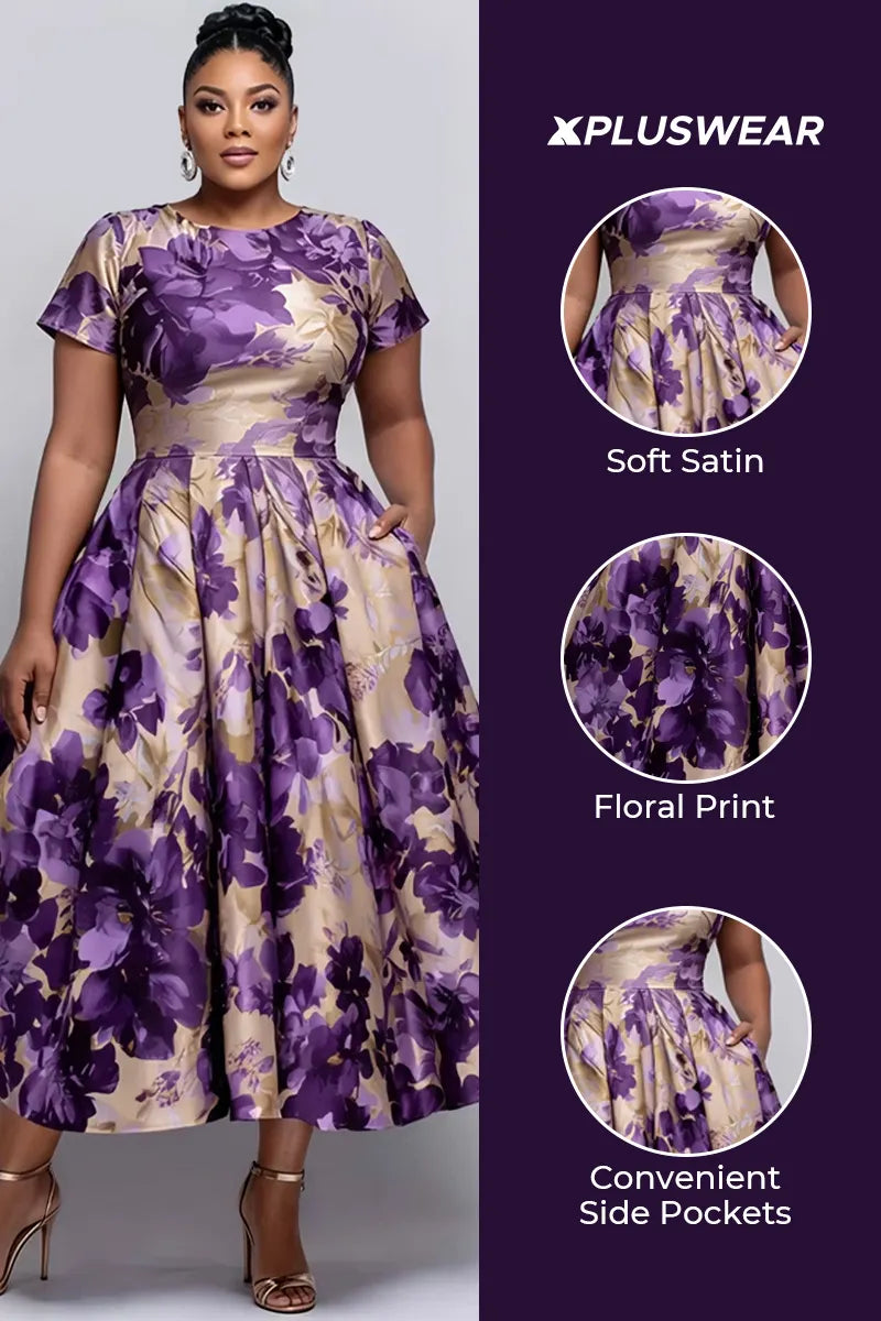 Xpluswear Design Plus Size Cocktail Party Purple Floral Round Neck Short Sleeve Pocket Satin Midi Dresses