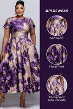 Xpluswear Design Plus Size Cocktail Party Purple Floral Round Neck Short Sleeve Pocket Satin Midi Dresses