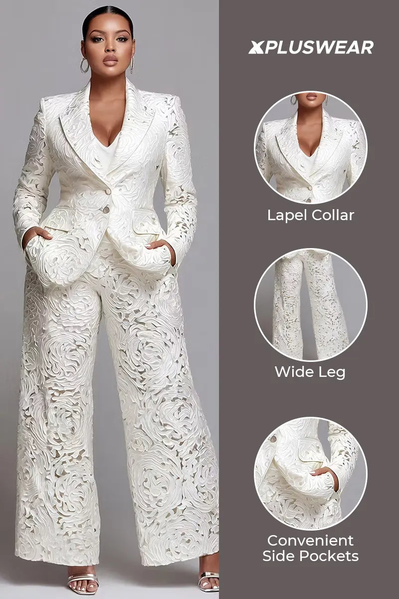 Xpluswear Design Plus Size Formal White Lapel Collar Long Sleeve Pocket Wide Leg Two Piece Pant Suits