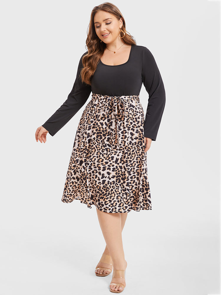 VIP Leopard Print Square Neck Belted Midi Dress
