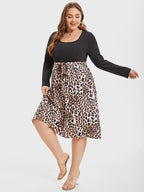 VIP Leopard Print Square Neck Belted Midi Dress