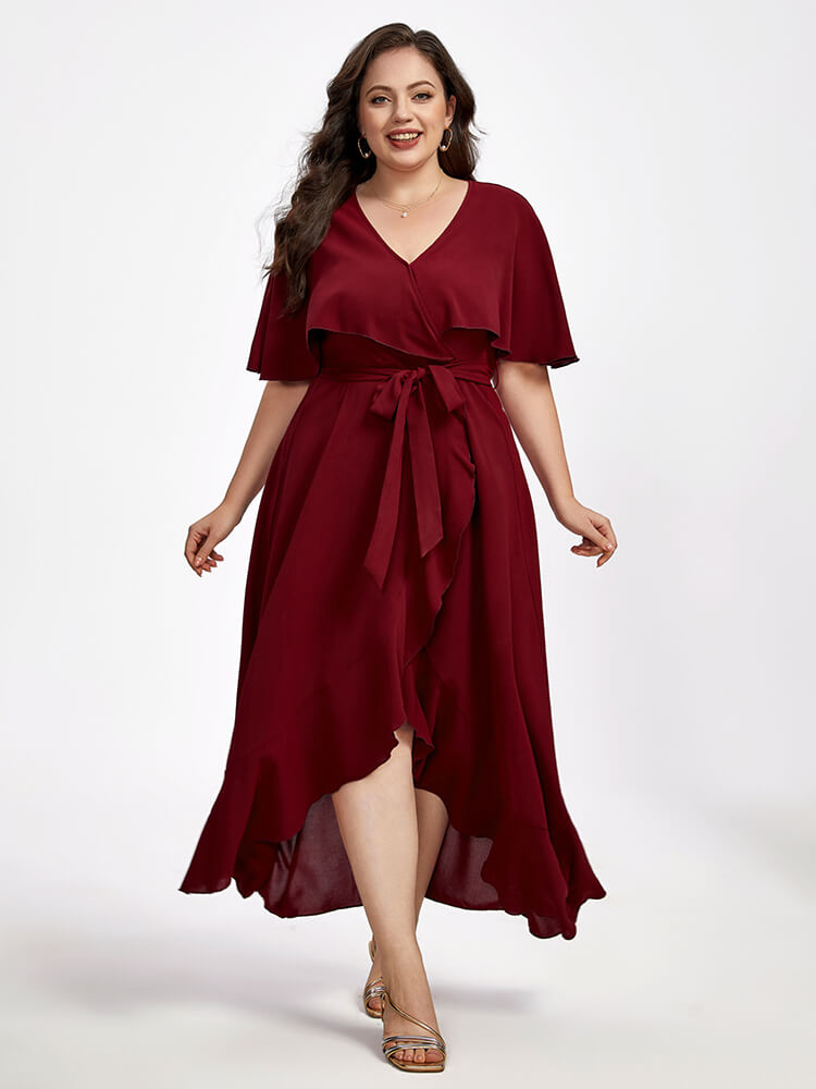 Plus Shawl Collar Ruffle Sleeve Wrap Maxi Dress