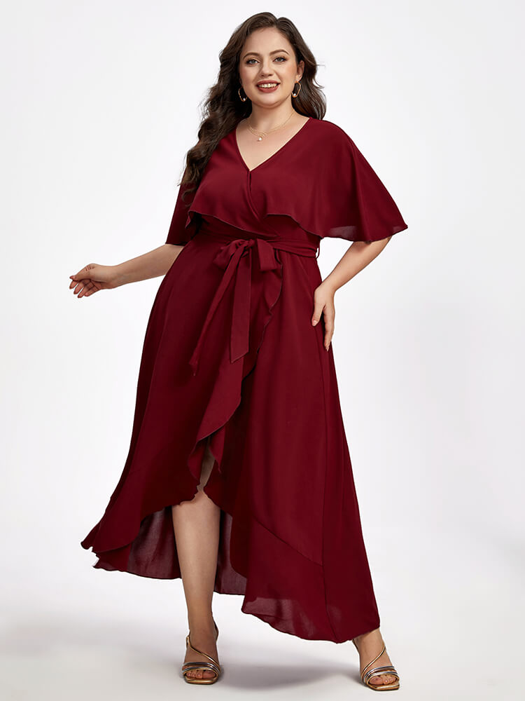 Plus Shawl Collar Ruffle Sleeve Wrap Maxi Dress