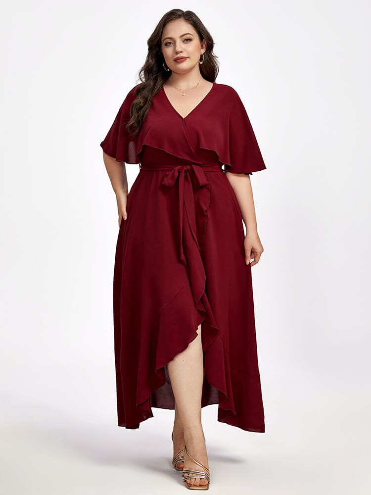 Plus Shawl Collar Ruffle Sleeve Wrap Maxi Dress