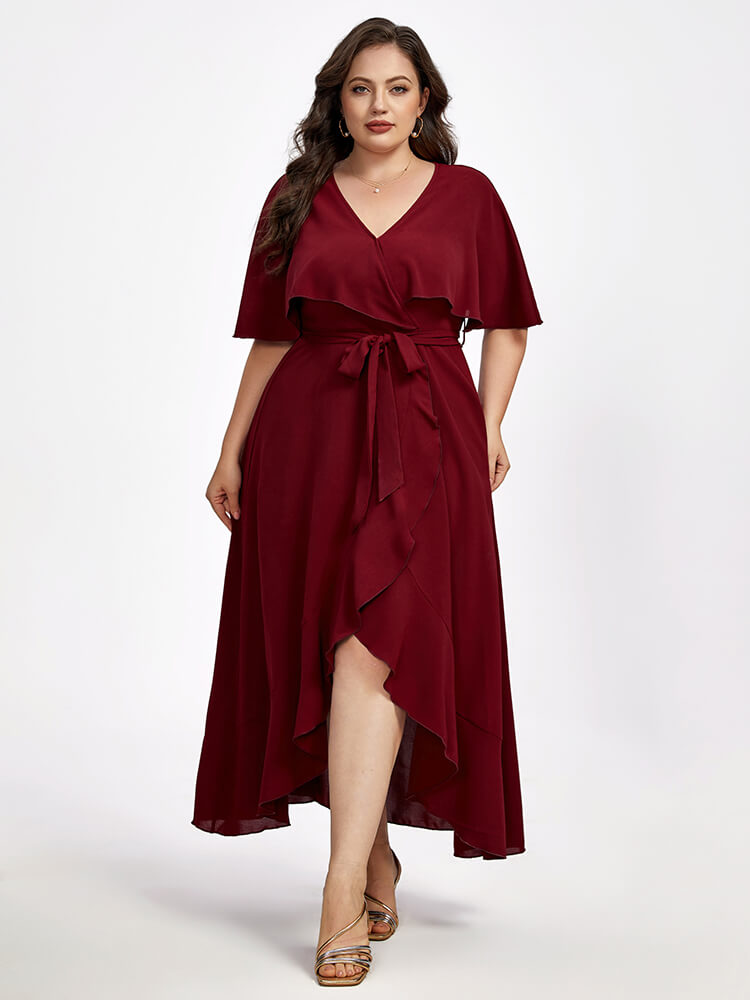 Plus Shawl Collar Ruffle Sleeve Wrap Maxi Dress