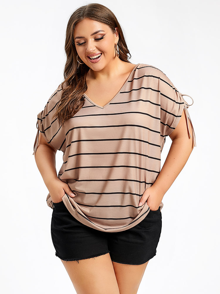 Plus Striped V-Neck Batwing Sleeve Tee