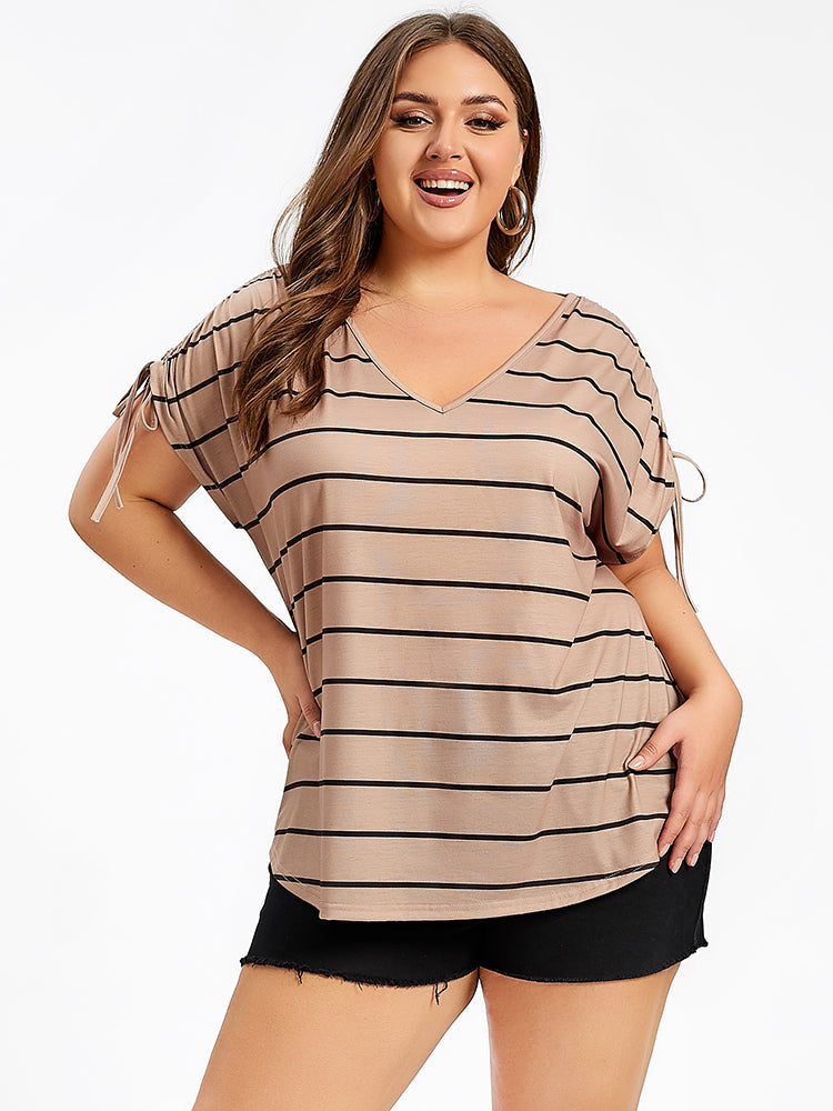 Plus Striped V-Neck Batwing Sleeve Tee