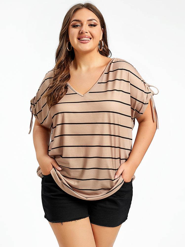 Plus Striped V-Neck Batwing Sleeve Tee
