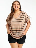 Plus Striped V-Neck Batwing Sleeve Tee
