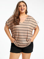 Plus Striped V-Neck Batwing Sleeve Tee