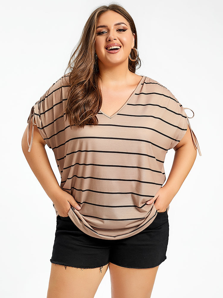 Plus Striped V-Neck Batwing Sleeve Tee