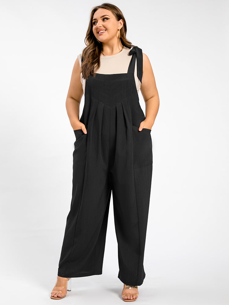 VIP Plus Black Tie Shoulder Pocket Ruched Cami Jumpsuit