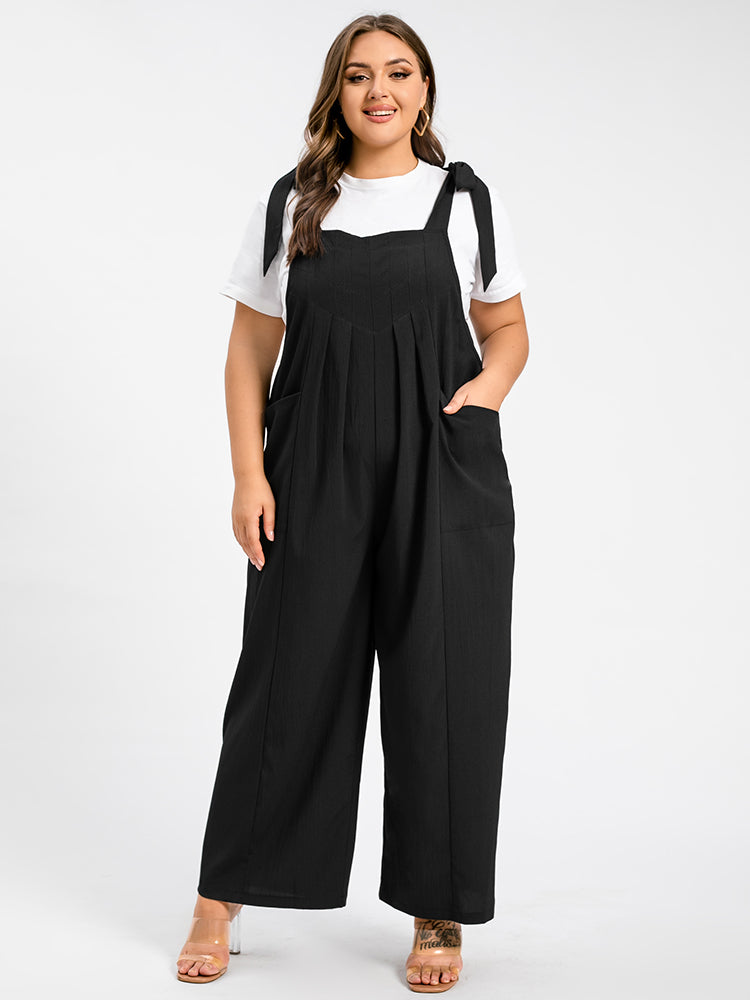 VIP Plus Black Tie Shoulder Pocket Ruched Cami Jumpsuit