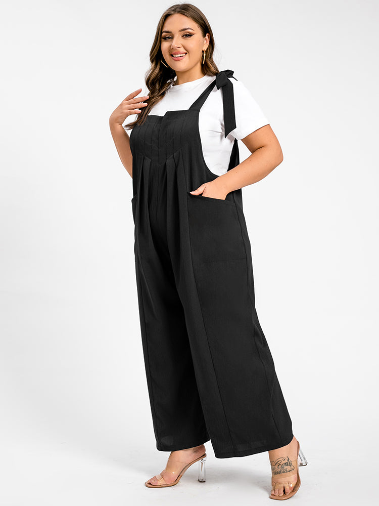 VIP Plus Black Tie Shoulder Pocket Ruched Cami Jumpsuit