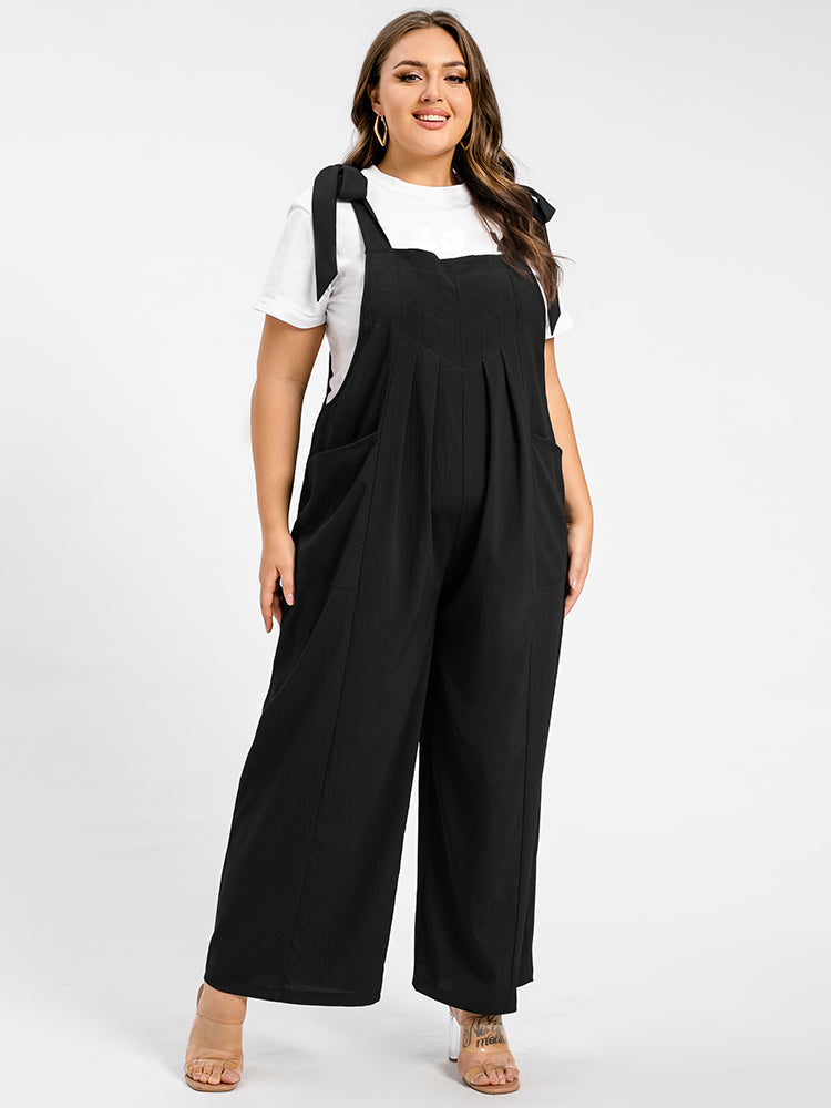 VIP Plus Black Tie Shoulder Pocket Ruched Cami Jumpsuit