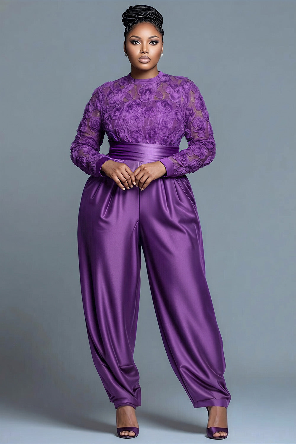 Xpluswear Design Plus Size Formal Purple Round Neck Long Sleeve Elegant See Through Satin Jumpsuits