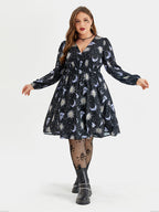 Halloween Print V-Neck Lantern Sleeve Midi Dress