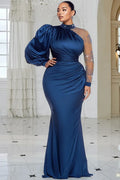 Xpluswear Design Plus Size Formal Blue Mock Neck Lantern Sleeve Long Sleeve Drilling Elegant See Through Tulle Satin Maxi Dresses