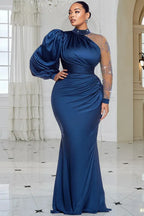 Xpluswear Design Plus Size Formal Blue Mock Neck Lantern Sleeve Long Sleeve Drilling Elegant See Through Tulle Satin Maxi Dresses