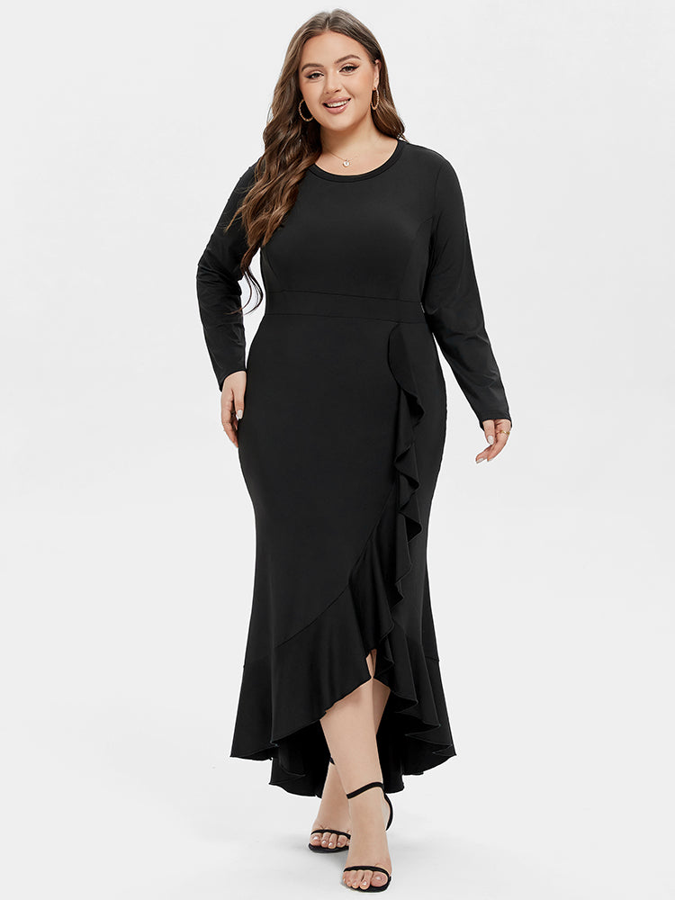 VIP Ruffle Trim Asymmetrical Hem Maxi Dress