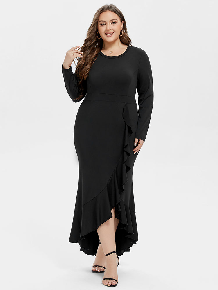VIP Ruffle Trim Asymmetrical Hem Maxi Dress