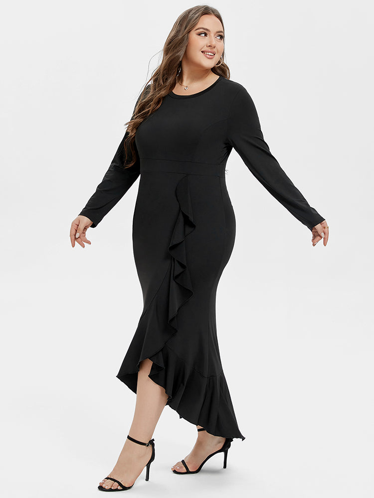 VIP Ruffle Trim Asymmetrical Hem Maxi Dress