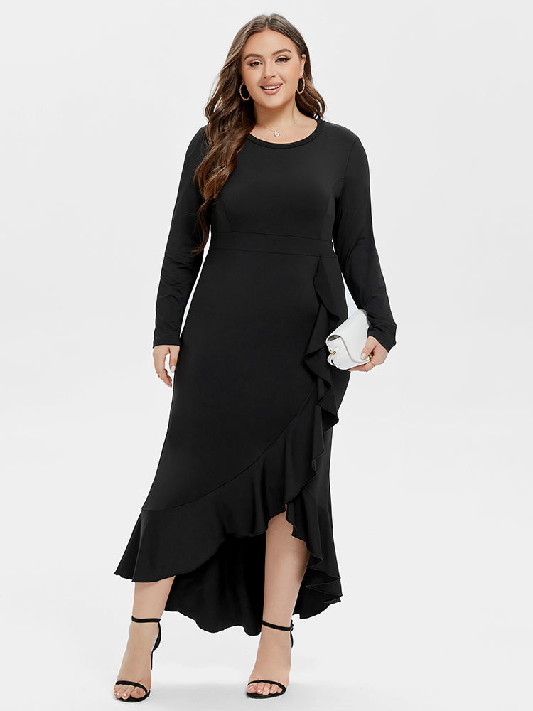 VIP Ruffle Trim Asymmetrical Hem Maxi Dress