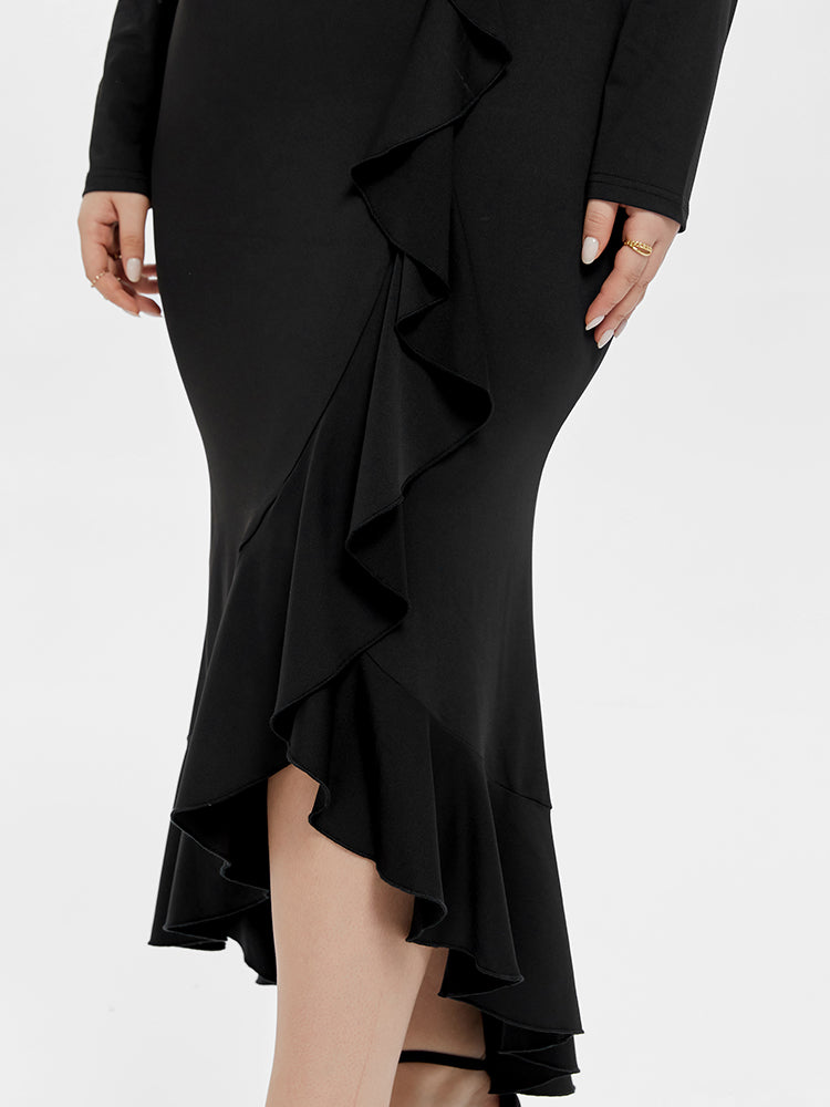 VIP Ruffle Trim Asymmetrical Hem Maxi Dress