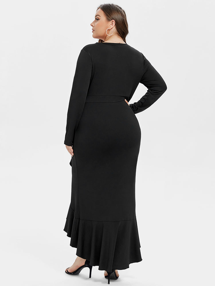 VIP Ruffle Trim Asymmetrical Hem Maxi Dress