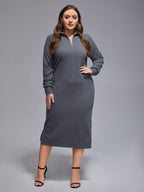 Plus Grey Band Collar Zipper Split Midi Knit Dress