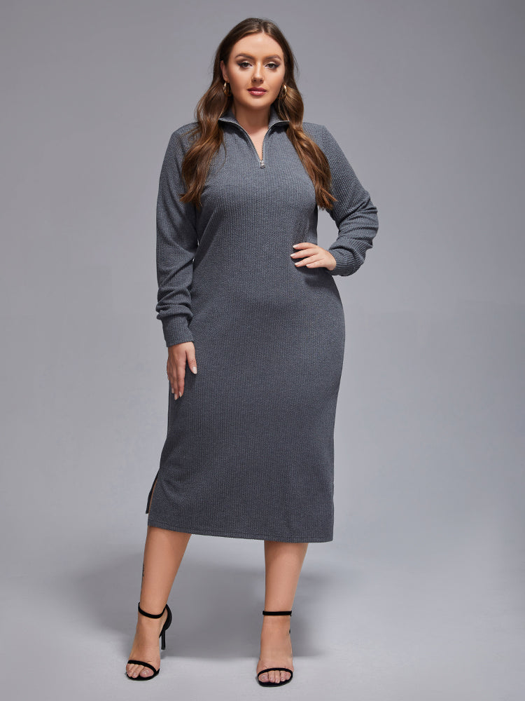 Plus Grey Band Collar Zipper Split Midi Knit Dress