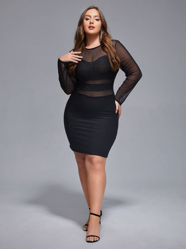 VIP Plus Mesh Patchwork Glitter Bodycon Dress