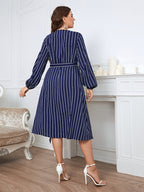 Plus Blue Striped Crisscross Wrap Midi Dress