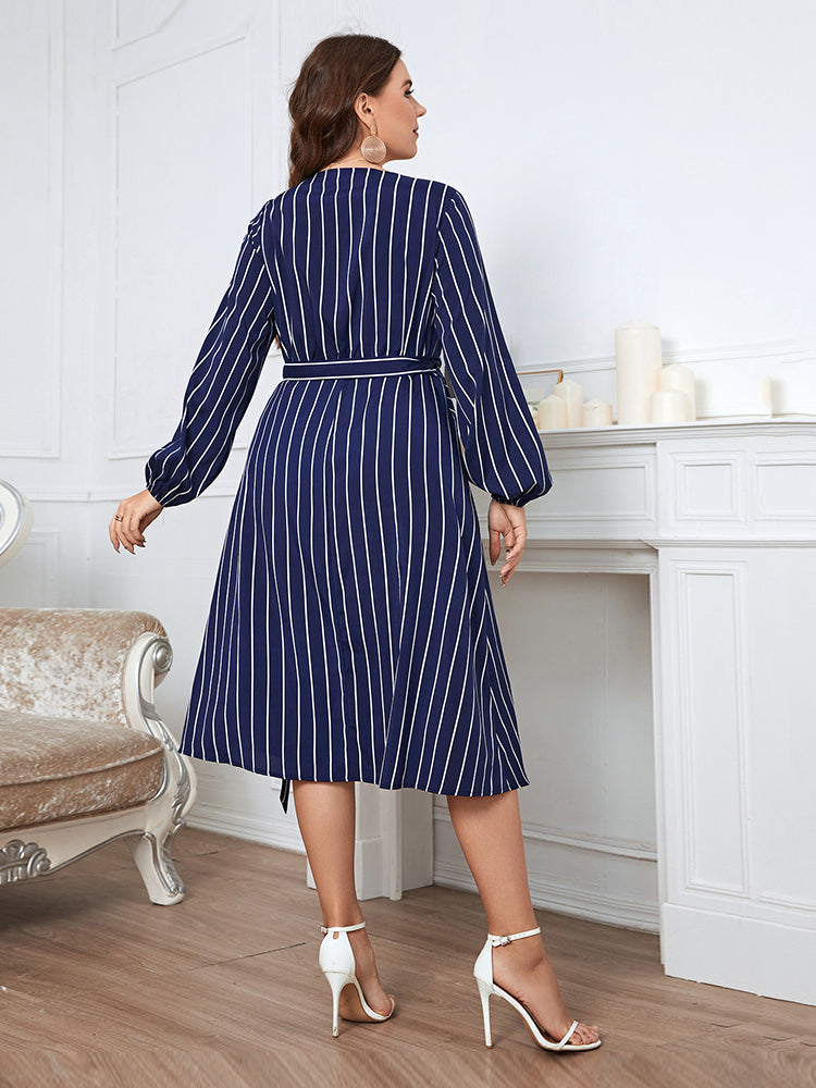 Plus Blue Striped Crisscross Wrap Midi Dress