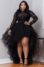 Xpluswear Design Plus Size Cocktail Party Black Round Neck Long Sleeve High Low Hem Elegant Ruffle Tulle Lace Mini Dresses